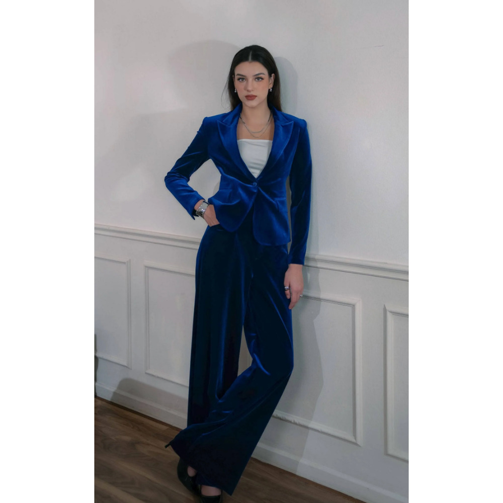 Atelier De La Hang Cropped Blue Velvet Blazer S NWT - Picture 7 of 7